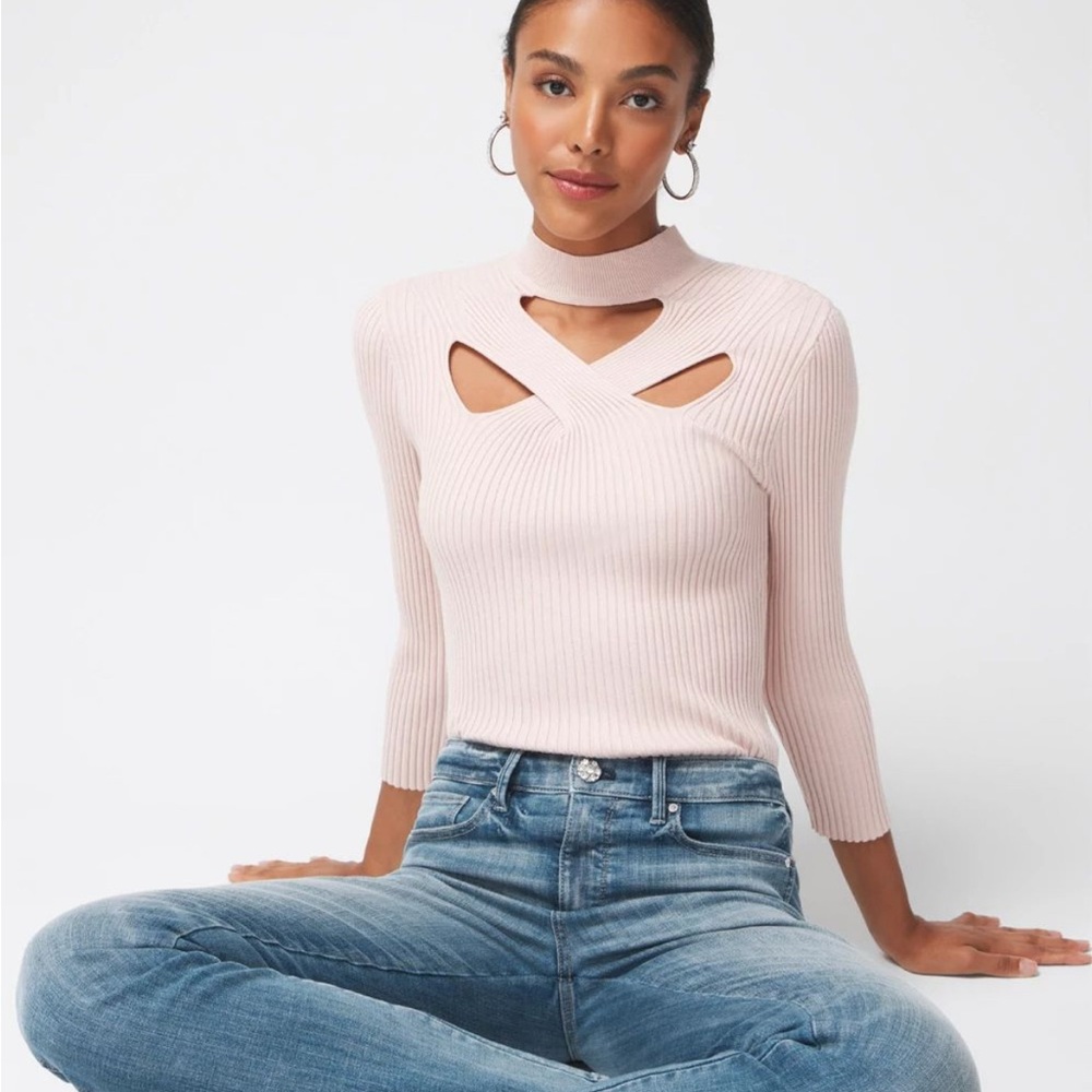 White House Black Market Pink Ribbed Cutout Bodysuit